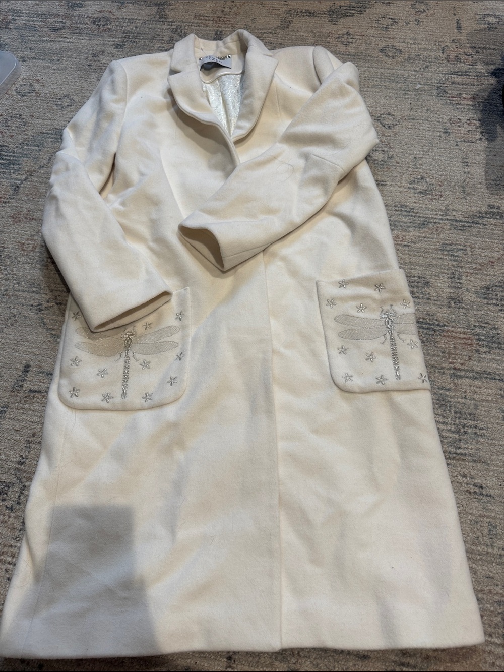 Seven lab winter white Cream Embroidered dragon fly Single-Breasted Trench Coat